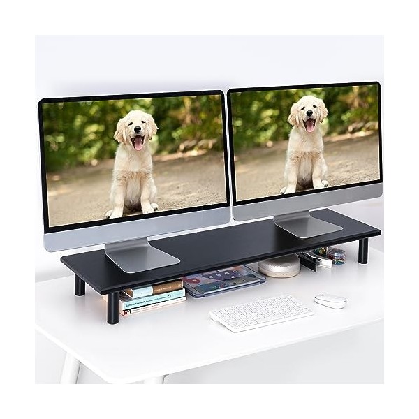 ROCDEER Support pour double moniteur, rangement sous le toit pour fournitures de bureau, support pour écran dordinateur, sup