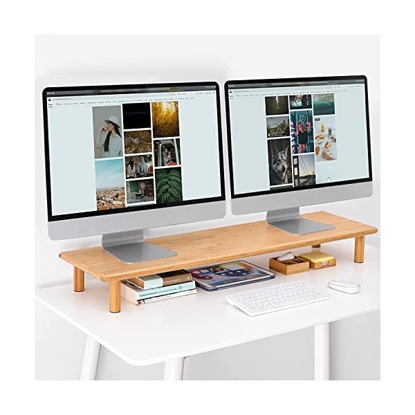 ROCDEER Support pour double moniteur, rangement sous le toit pour fournitures de bureau, support pour écran dordinateur, sup