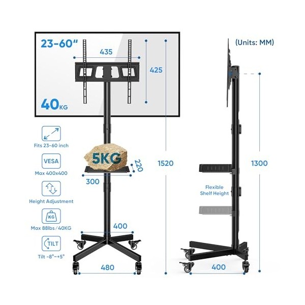 FORGING MOUNT Support TV roulettes pour Téléviseurs Plasma/LCD/LED de 23-60 Pouces, Support TV Pied avec Étagère, Chariot TV 