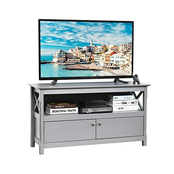 COSTWAY Meuble TV à 3 Niveaux avec Compartiment Ouvert Placard 2 Portes, Banc TV pour TV Jusquà 48 Pouces pour Salon et Cham