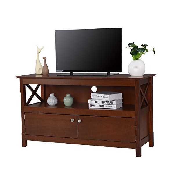 COSTWAY Meuble TV à 3 Niveaux avec Compartiment Ouvert Placard 2 Portes, Banc TV pour TV Jusquà 48 Pouces pour Salon et Cham