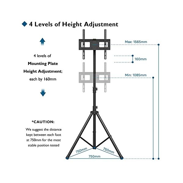 BONTEC Support TV Trépied pour Écrans Plasma/LCD/LED Plats et Incurvés de 32-60 Pouces jusquà 45 kg, Support Télévision de S