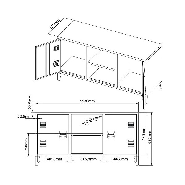 [en.casa] Meuble TV Design à 2 Portes pour Salon Bureau Commode avec 2 Compartiments de Rangement Capacité de Charge 20 kg Ac