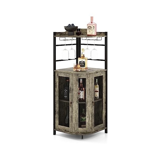 KOMFOTTEU Porte-bouteilles en bois, meuble bar avec porte-verres en verre, portes en maille métallique et étagère réglable, c