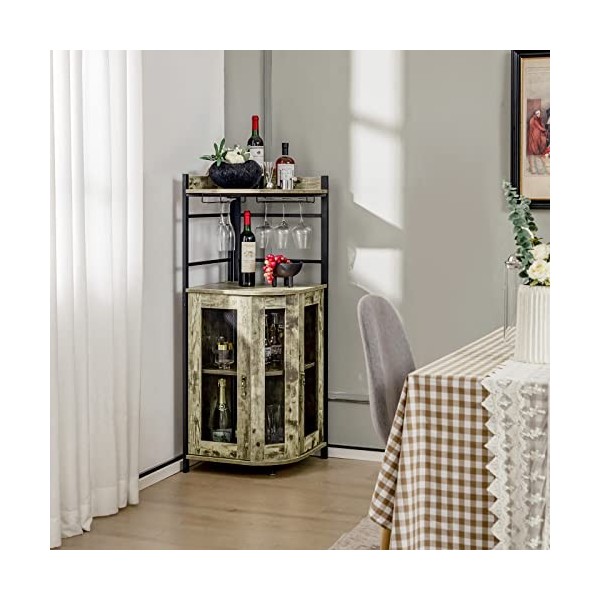 KOMFOTTEU Porte-bouteilles en bois, meuble bar avec porte-verres en verre, portes en maille métallique et étagère réglable, c