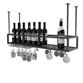 TZUFA Casier à vin Industriel, Support à vin Mural avec Porte-Verres, étagère de Stockage de vin en métal, présentoir Multifo