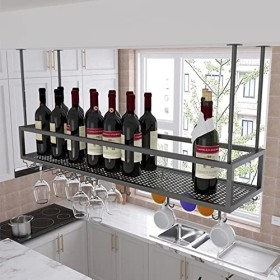 TZUFA Casier à vin de Plafond réglable Support de Verre à vin, étagère de Rangement pour Support de Verres à Pied Suspendu, S