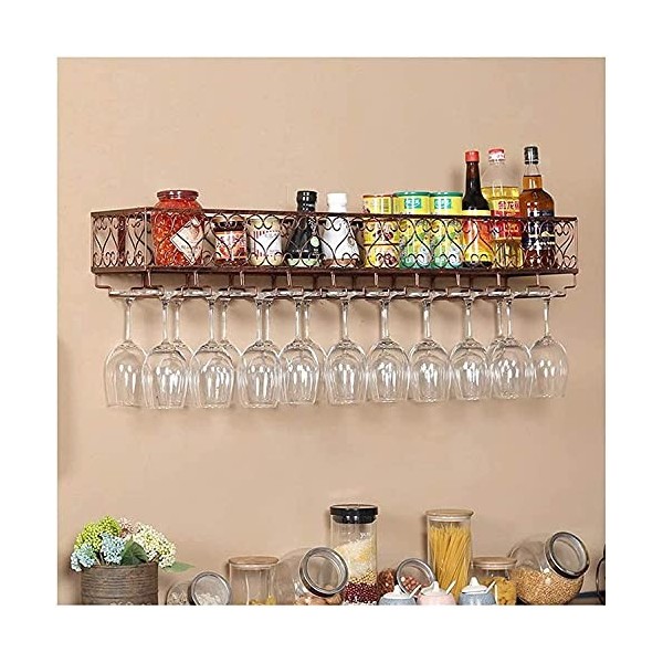 ROLTIN Casier à vin Suspendu avec Support en Verre et étagère, casier à Verres à vin Mural en Fer forgé, casier à vin Mural, 
