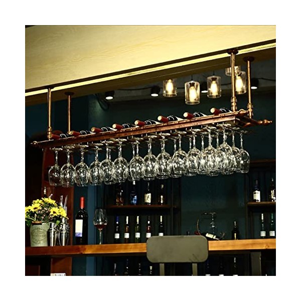 TZUFA Casier à vin Suspendu au Plafond, étagère à vin en métal avec Support en Verre, Porte-Bouteille de Champagne, Support d