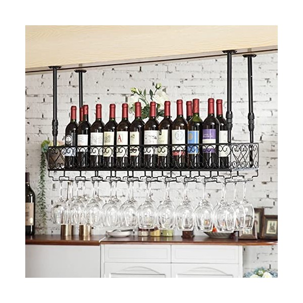 TZUFA Casier à vin de Plafond réglable, Porte-Bouteille de vin Suspendu avec étagère en Verre pour Verres à Pied, Support de 