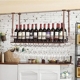 TZUFA Casier à vin Vintage, étagère à vin Murale avec Porte-Verres, étagère de Rangement de vin en métal Suspendue au Plafond