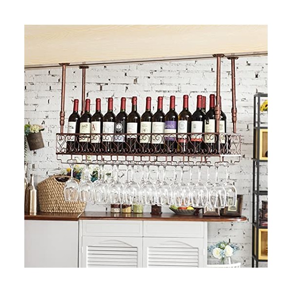TZUFA Casier à vin Vintage, étagère à vin Murale avec Porte-Verres, étagère de Rangement de vin en métal Suspendue au Plafond