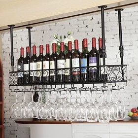 TZUFA Casier à vin Industriel, étagère de Rangement à vin Suspendue au Plafond avec Support en Verre, Support à Champagne pou