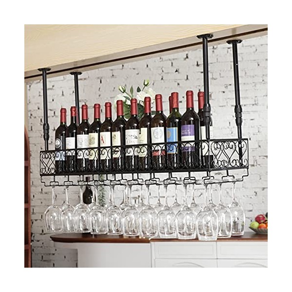 TZUFA Casier à vin Industriel, étagère de Rangement à vin Suspendue au Plafond avec Support en Verre, Support à Champagne pou