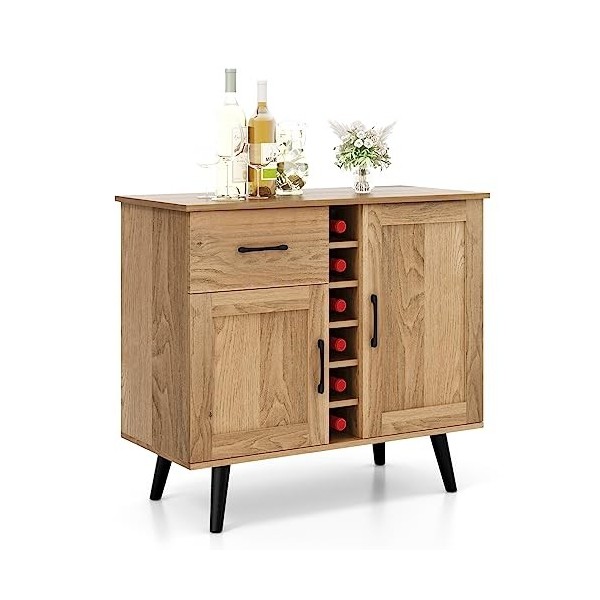 KOMFOTTEU Buffet cuisine industrielle, cave à vin en bois avec 6 bouteilles de vin, 2 compartiments avec porte et dispositif 