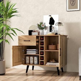 KOMFOTTEU Buffet cuisine industrielle, cave à vin en bois avec 6 bouteilles de vin, 2 compartiments avec porte et dispositif 