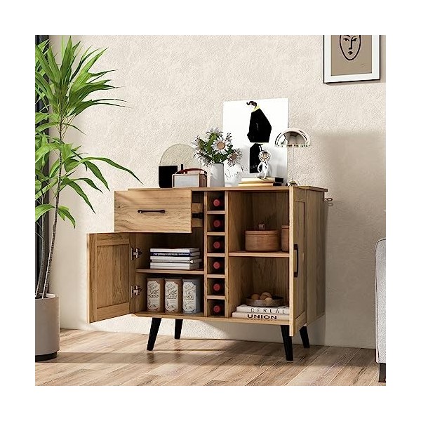 KOMFOTTEU Buffet cuisine industrielle, cave à vin en bois avec 6 bouteilles de vin, 2 compartiments avec porte et dispositif 