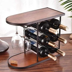 ELEdvb Casier à vin, casier à vin casier à vin en Bois Massif Fer forgé 6 Bouteilles à lenvers 2 Porte-Verre à vin présentoi