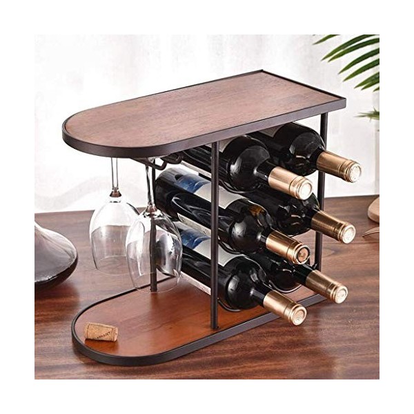 ELEdvb Casier à vin, casier à vin casier à vin en Bois Massif Fer forgé 6 Bouteilles à lenvers 2 Porte-Verre à vin présentoi