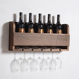 Casier à vin Mural et Support en Verre, Support de casier à vin en Bois, Support à vin avec Bouteilles et Verres pour la Cuis