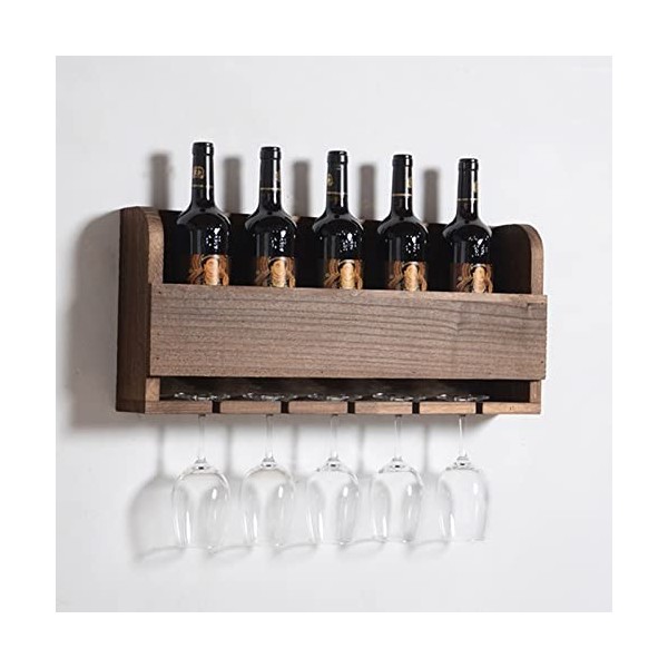 Casier à vin Mural et Support en Verre, Support de casier à vin en Bois, Support à vin avec Bouteilles et Verres pour la Cuis