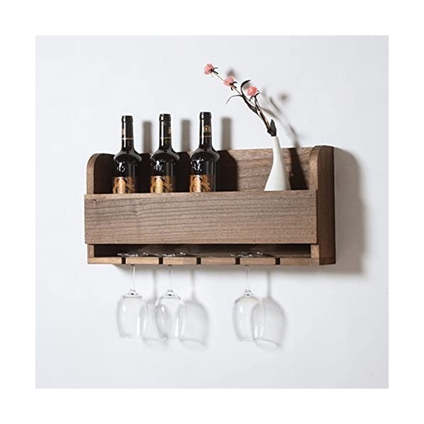 Casier à vin Mural et Support en Verre, Support de casier à vin en Bois, Support à vin avec Bouteilles et Verres pour la Cuis