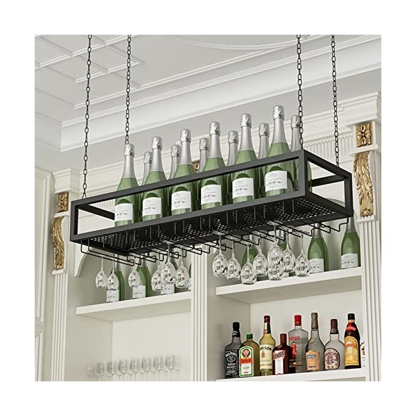 TZUFA Casier à vin de plafond en chaîne de fer en métal avec support de verre à vin, support de bouteille de vin noir, suppor