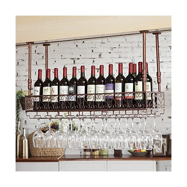 TZUFA Casier à vin Vintage, Porte-Bouteille de vin Suspendu au Plafond avec étagère en Verre pour Verres à Pied, étagère à go