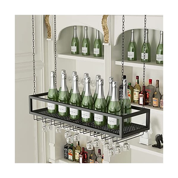 Casier à Vin Suspendu Porte-Gobelet, Support de Bouteille de Vin en Chaîne de Fer en Métal Monté au Plafond Noir, Décoration 