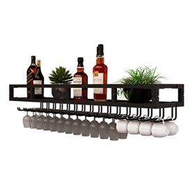 TZUFA Casier à vin Mural Industriel, avec Support de Verre à vin, Organisateur détagère à vin Flottant en métal, étagère de 