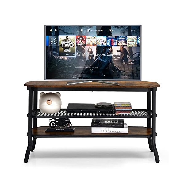 COSTWAY Meuble Télé Industriel pour TV 46" à 3 Niveaux Structure en Acier, Banc TV Charge Max 90kg 4 Pieds Réglable Panneu en