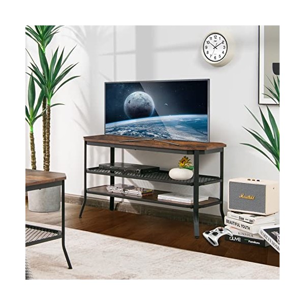 COSTWAY Meuble Télé Industriel pour TV 46" à 3 Niveaux Structure en Acier, Banc TV Charge Max 90kg 4 Pieds Réglable Panneu en