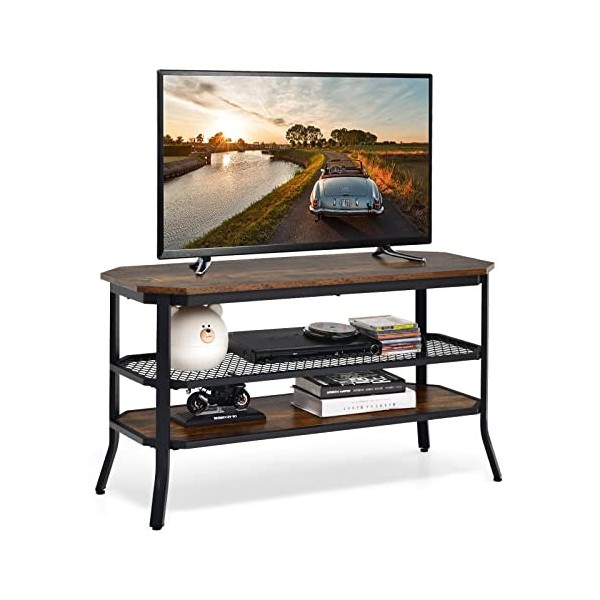 GIANTEX Meuble TV en bois avec 3 niveaux étagères ouvertes et 4 pieds, meuble TV salon industriel de haute qualité avec grand