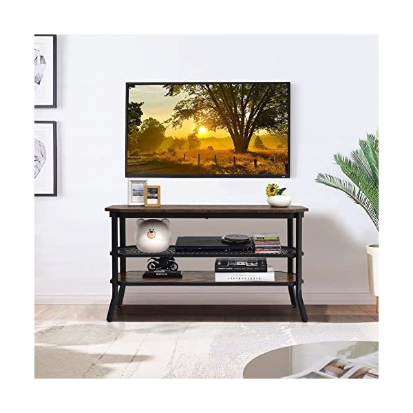 GIANTEX Meuble TV en bois avec 3 niveaux étagères ouvertes et 4 pieds, meuble TV salon industriel de haute qualité avec grand