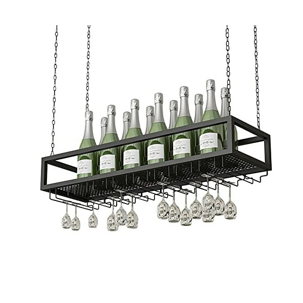 TZUFA Casier à vin de plafond en chaîne de fer en métal, porte-bouteille de vin suspendu avec étagère en verre pour verres à 