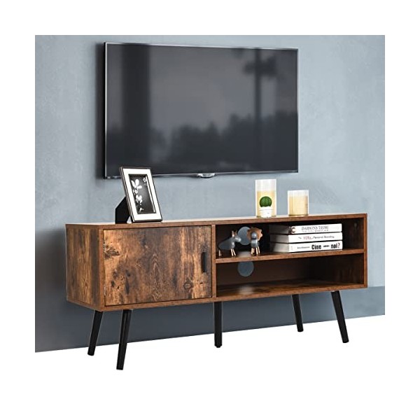 COSTWAY Meuble TV en Bois avec 2 Étagères 1 Compartiments Porte Rabattable pour TV 42" au Max, Console TV en Bois pour Chambr