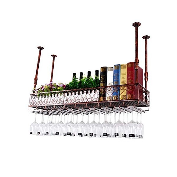 ANSNOW Casier À Vin en Fer Suspendu Au Plafond, Porte-Bouteille de Vin À Hauteur Réglable, Support en Verre À Champagne À le