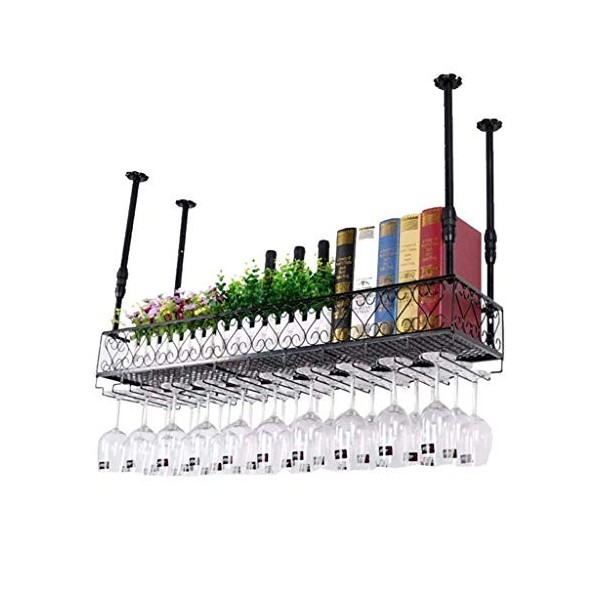 ANSNOW Casier À Vin en Fer Suspendu Au Plafond, Porte-Bouteille de Vin À Hauteur Réglable, Support en Verre À Champagne À le