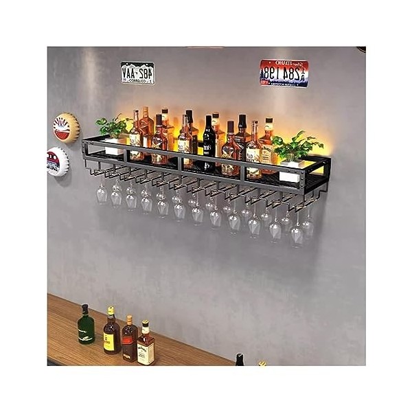 Étagère à Vin Murale Étagères Flottantes For Unité De Bar, Casiers À Vin Muraux Avec Lumière LED, Support À Verres À Vin Inve