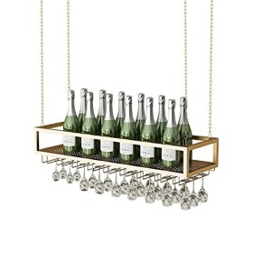TZUFA Casier à vin moderne avec support en verre pour verres à pied, support à vin suspendu avec chaîne en fer métallique, or