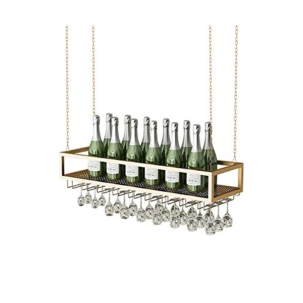 TZUFA Casier à vin moderne avec support en verre pour verres à pied, support à vin suspendu avec chaîne en fer métallique, or
