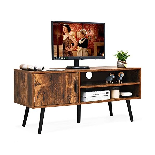 KOMFOTTEU Banc TV Industriel, pour Téléviseur de 13" à 42", Style Vintage, Meuble TV avec 1 Porte et 2 Étagères Ouvertes, Con