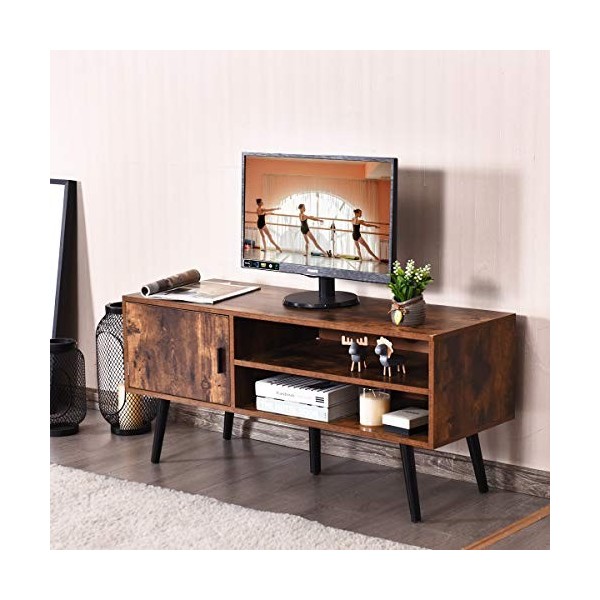 KOMFOTTEU Banc TV Industriel, pour Téléviseur de 13" à 42", Style Vintage, Meuble TV avec 1 Porte et 2 Étagères Ouvertes, Con