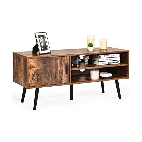 GOPLUS Meuble TV en Bois avec 1 Armoire et 2 Étagères Ouvertes, Meuble Console TV avec 2 Trous de Gestions des Câbles,Style I