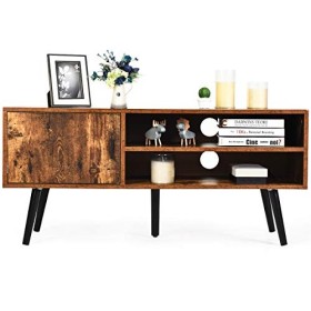 GOPLUS Meuble TV en Bois avec 1 Armoire et 2 Étagères Ouvertes, Meuble Console TV avec 2 Trous de Gestions des Câbles,Style I