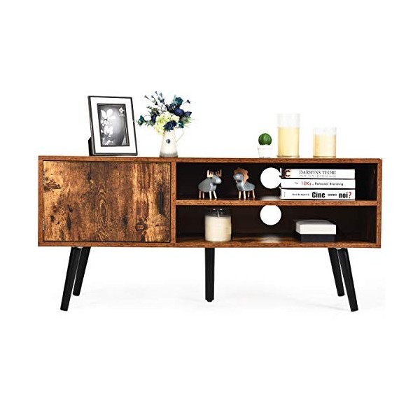 GOPLUS Meuble TV en Bois avec 1 Armoire et 2 Étagères Ouvertes, Meuble Console TV avec 2 Trous de Gestions des Câbles,Style I