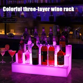 LoJax Présentoir À Vin Coloré LED 3 Niveaux en Forme Descalier Présentoir À Bouteilles De Vin Lumineux avec Télécommande Pré