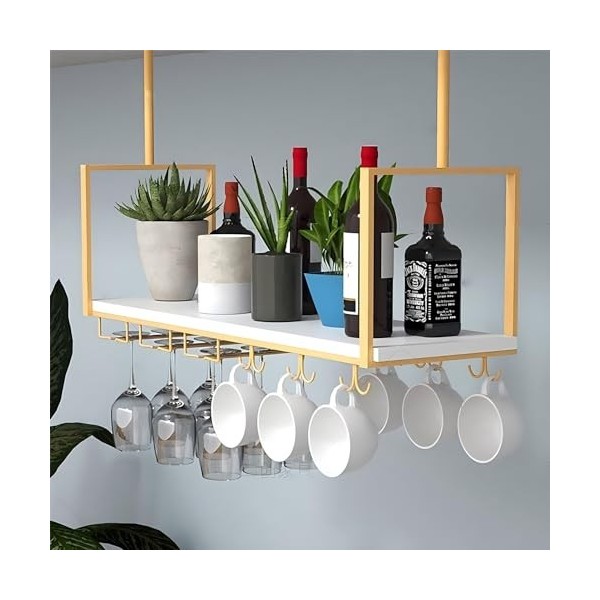 Casier à vin de plafond avec support de verre à vin à lenvers, étagères de rangement suspendues pour présenter du vin rouge/