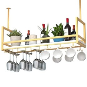 Étagère de rangement montée au plafond, casier à vin suspendu en fer et en bois massif avec support de verre à vin à lenvers