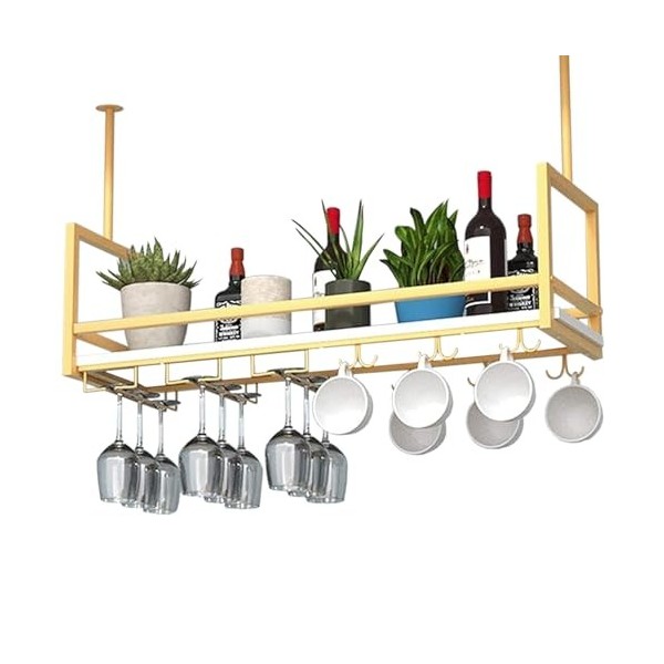 Étagère de rangement montée au plafond, casier à vin suspendu en fer et en bois massif avec support de verre à vin à lenvers